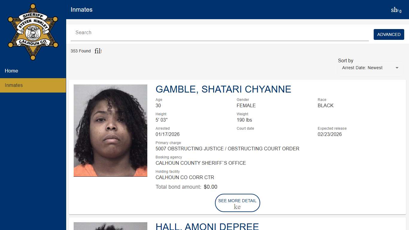 Calhoun County Sheriff's Department | Police to Citizen - Inmates catalog